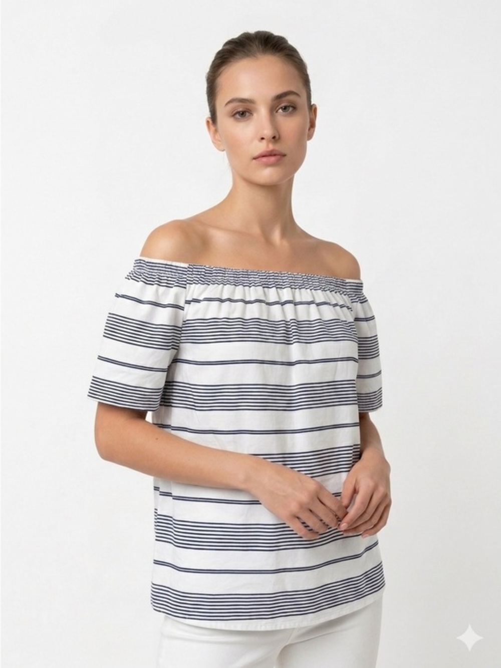0039 Italy Women's XS Blue White Striped Cotton Poplin Off Shoulder Blouse